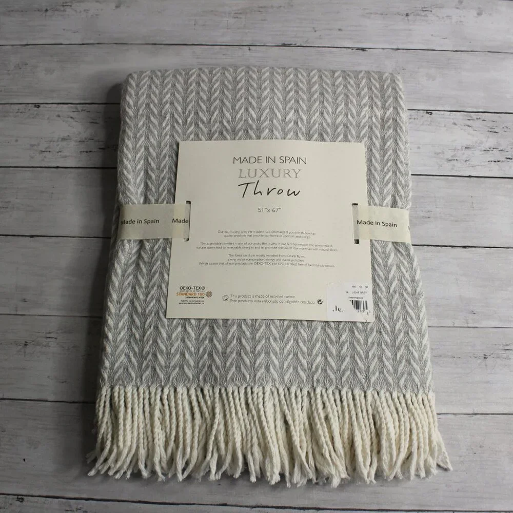 Made in Spain Throw Blanket Gray Off White Herringbone with Fringe Cotton Blend